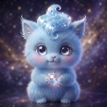 Cute fluffy blue fantasy creature holding glowing magical orb, fairy tale mascot 3D character