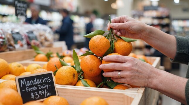 Hands choosing fresh mandarins with green leaves in wooden crate at grocery store, price sign visible, warm lighting, shallow depth of field