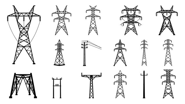 Collection of various high voltage electrical transmission towers and power line structures