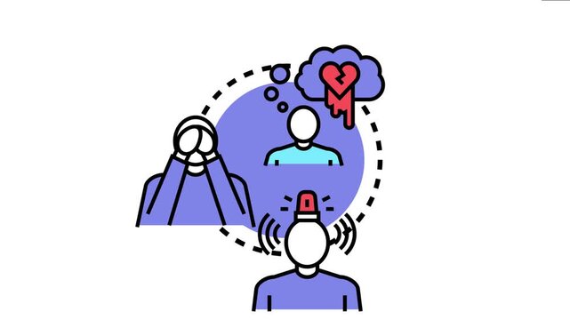 People experiencing emotional distress, a broken heart in a thought cloud, and an alarm light indicating a crisis, symbolizing the urgent need for mental health support