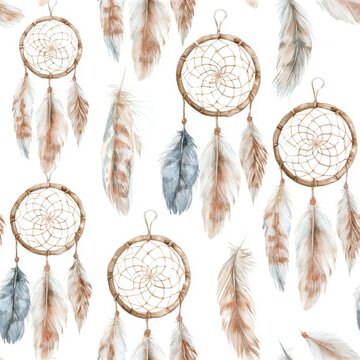 Watercolor seamless pattern featuring dreamcatchers and delicate feathers on a clean white background, soft illustrative style