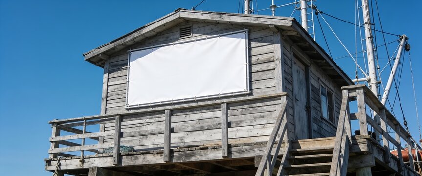 Rustic wooden pier hut with blank billboard mockup for maritime advertising