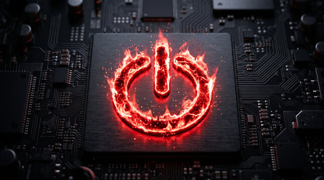 Glowing red power button symbol burning on a dark computer motherboard processor chip
