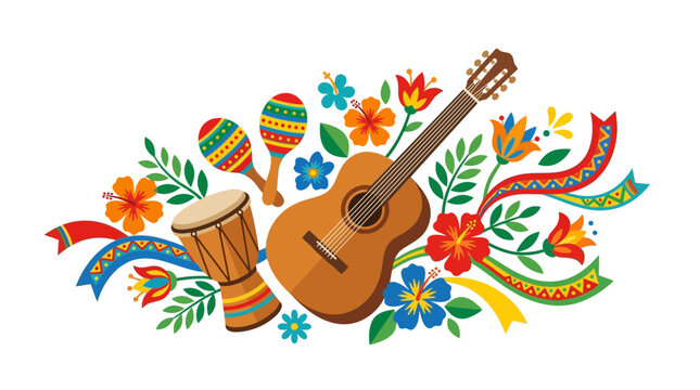 Latin American musical instruments and tropical flowers vector illustration