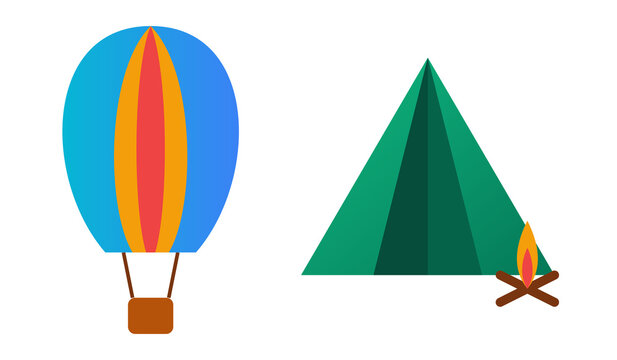 Outdoor Adventure Set - Hot Air Balloon Tent Campfire Vector PNG