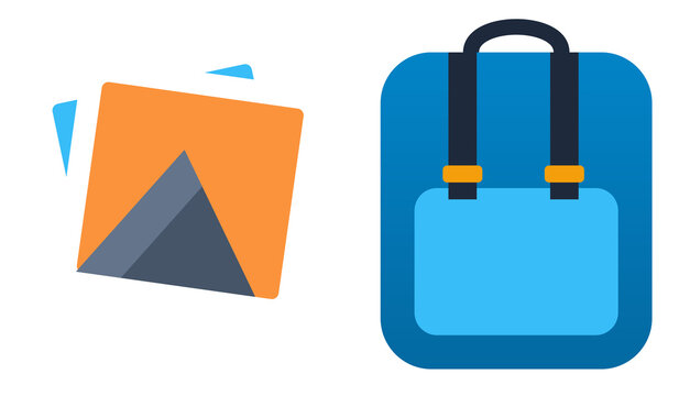 Travel Gear Set - Mountain Picture Card and Blue Backpack Vector PNG