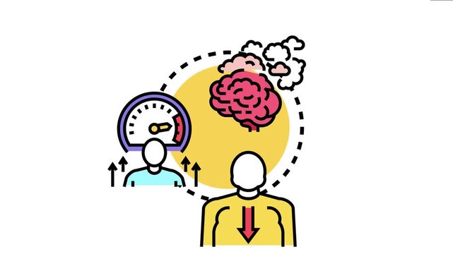 Human figures mental dimension, with a brain thinking and clouds representing thoughts, while a gauge indicates mental state and overall well being