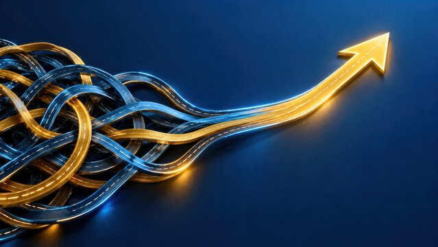 Intertwined golden and blue roads merging into single bright arrow indicating progress and success.