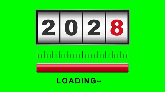 Faithful odometer counter recreation like the reference on solid chroma green background with ALL shadows removed: metallic framed counter with four white cylindrical wheels showing 2 0 2 7, first thr