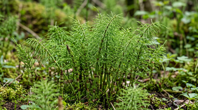 Fresh green horsetail plant growing in a wild forest during the bright spring season