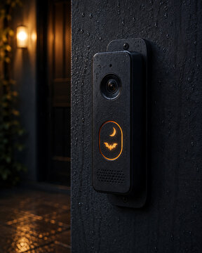 Smart doorbell camera attached to a dark wall at night during a rain shower with video doorbell rainy weather house exterior night security smart device home automation rain drops digital camer