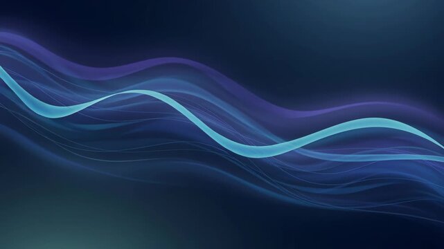 Flowing blue and violet wave lines in abstract style on a dark gradient background, suggesting motion, technology, and harmony