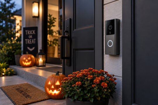 Modern smart doorbell mounted on a house doorframe during halloween night decorated with jack-o'-lanterns video doorbell smart home security camera halloween decorations front porch jack o lante