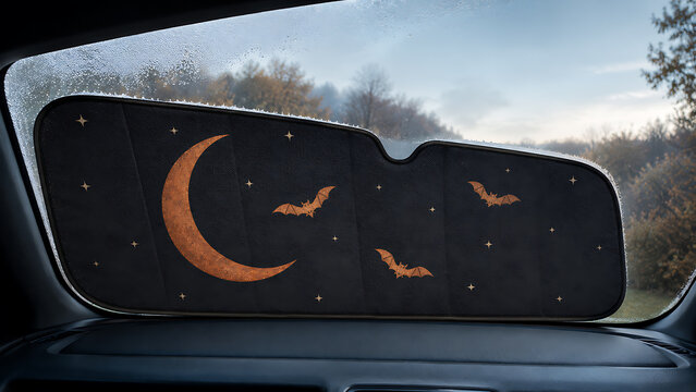 Car windshield sunshade with a crescent moon and bat pattern installed on a vehicle dashboard car interior windshield visor moon design bat graphic automotive accessory sun protection car decor