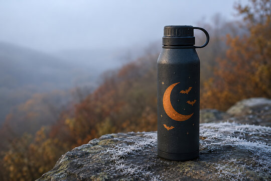 Black water bottle featuring a glowing crescent moon and bat design on a foggy mountain peak outdoor gear nature background hiking equipment autumn mist hydration vessel adventure lifestyle