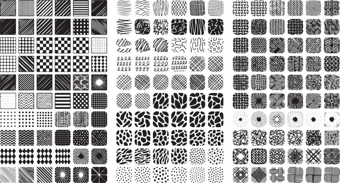 A collection of various hand drawn black and white geometric patterns arranged in a grid for design and texture backgrounds