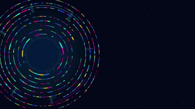 Abstract digital background with circular data visualization elements and colorful glowing segments on a dark blue space backdrop
