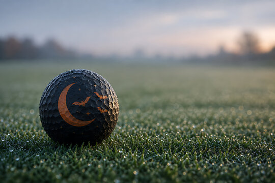 Golf ball with a crescent moon and bat logo sitting on a dew covered morning golf course green grass golf sport bat graphic golf equipment sports gear golf game grass field early morning