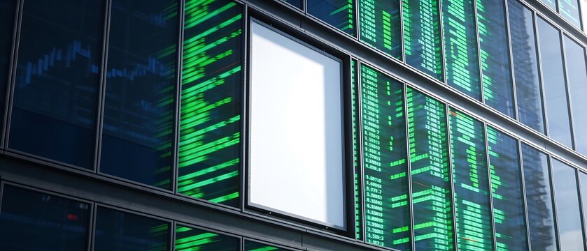 Abstract reflection of green computer code on a modern glass office building facade