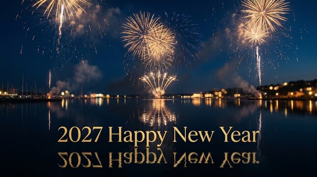 2027 Happy New Year fireworks over harbor, golden pyrotechnic display reflecting in water, festive coastal city celebration