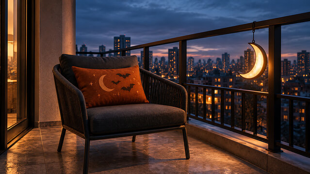 Cozy balcony lounge area with glowing crescent moon lamp outdoor furniture city skyline night balcony outdoor decor cozy chair balcony garden balcony seating patio design decorative lighting