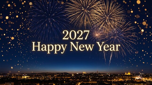 2027 Happy New Year celebration background, festive fireworks over city skyline, golden holiday text with bokeh lights