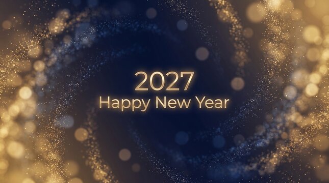 Happy New Year 2027 greeting, elegant gold glitter spiral on dark background, festive holiday celebration banner with bokeh