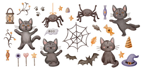 Obraz premium Halloween watercolor kids set. Cute spiders, mummy cat, bats and candies. Design elements for kids card, party, or spooky illustration, for children decor and autumn theme.