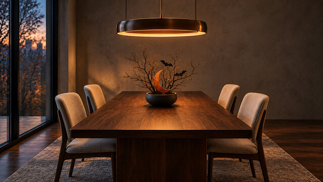 Modern dining room with dark wooden table and ambient pendant lighting pendant light interior design modern home luxury apartment dining furniture home decor table centerpiece residential inte