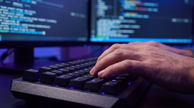 Typing on mechanical keyboard, focused programmer working, software developer hand, concentrated coder, coding background, dark room