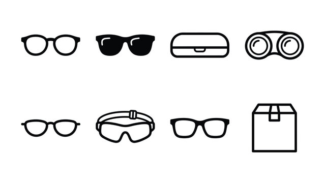 Eyewear Collection: A stylized graphic compilation showcases a variety of vision and eye protection devices, including spectacles, sunglasses, goggles, binoculars, a case, and a simple box.