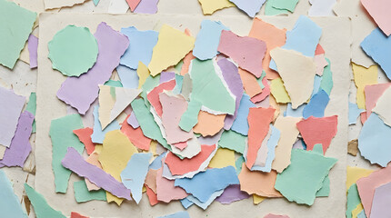 Fototapeta premium Collage background with scattered pieces of pastel colored torn paper