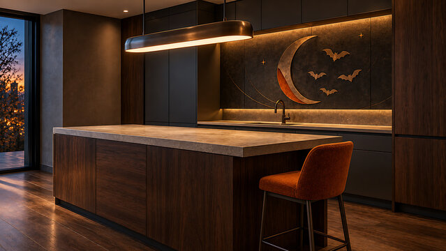 Modern kitchen island with granite countertop and crescent moon wall art kitchen design interior design bar stool luxury kitchen home decor kitchen lighting decorative art minimalist kitchen