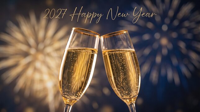 2027 Happy New Year celebration, champagne glasses clinking with fireworks, festive holiday toast with sparkling wine