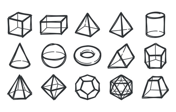 Mathematical solid objects doodle collection made via loose drawings of three dimensional geometric forms polygonal structures and educational shapes