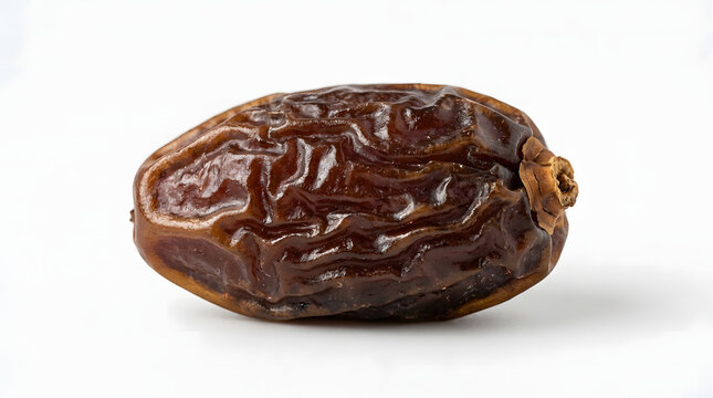 Single ripe sweet date fruit isolated on a clean white background, representing healthy organic food and natural snack options