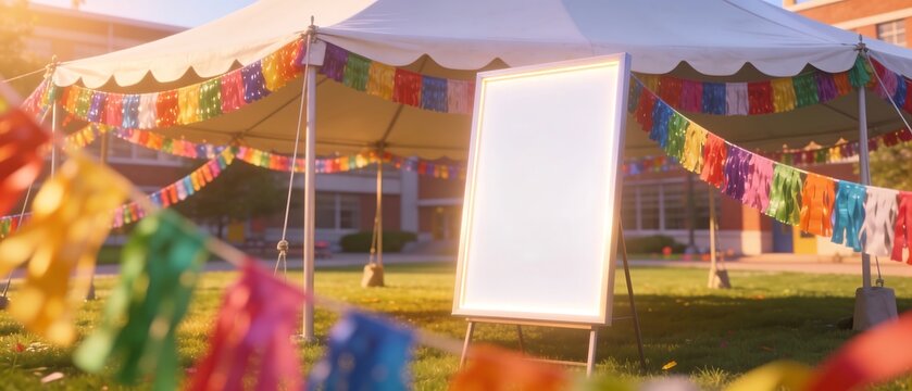 Outdoor event tent with rainbow bunting and blank white sign for mockup