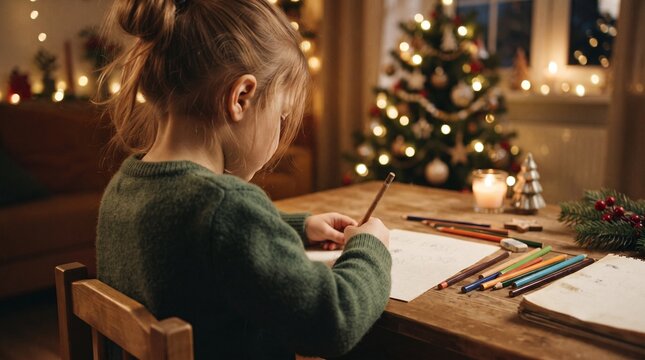 Child writing a private Christmas wish at a cozy desk, photographed from behind without revealing the child's face or readable writing.