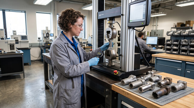 Female engineer testing metal component with tensile machine in materials laboratory. Concept of design, product, evaluated, quality control.