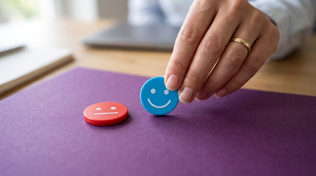Person holding a blue happy face button next to a red neutral face button on a purple surface