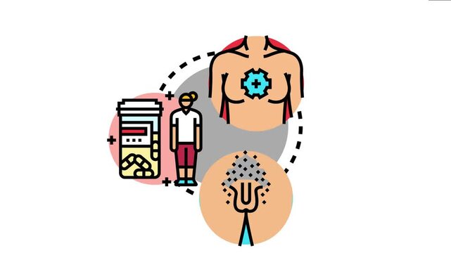 Menopause transition icon illustrates a woman experiencing hot flashes, taking medication or supplements, and managing age related health changes during this natural biological stage