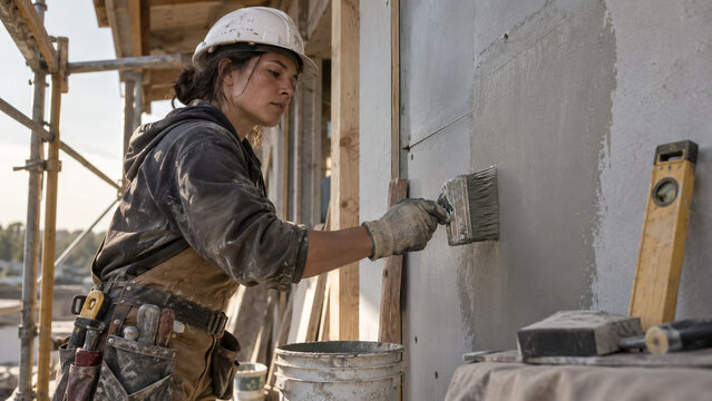 Female construction worker applying plaster on exterior wall at building site. Concept of painting, process, material, wall painting, female builder. Copy space.