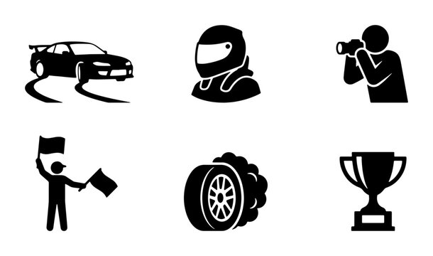 Racing Icons Set: Car, Helmet, Photographer, Flagman, Tire, Trophy, Vector Graphics