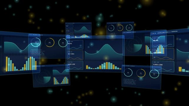 Futuristic digital dashboard with data visualization charts and graphs on a dark background with floating light particles