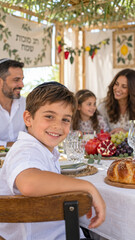 Obraz premium Young boy at a harvest feast in sukkah, child seated before challah plus pomegranate with family nearby, cultural tradition feature for autumn harvest observance