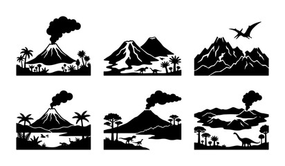 Dinosaur Volcano Landscapes, Prehistoric Scenes, Extinct Creatures, Ancient Earth, Vector Set © Sahil