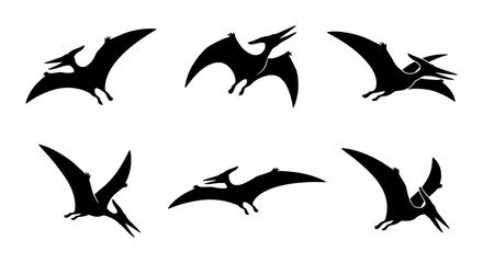 Pterodactyl Silhouettes, Flying Dinosaur Icons, Prehistoric Reptile Vector Set, Ancient Creature Graphics © Sahil