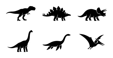 Dinosaur Silhouettes Collection, Prehistoric Creatures Vector Icons, Tyrannosaurus Rex, Triceratops, Pterodactyl © Sahil