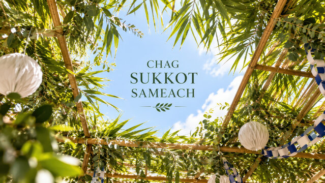 Chag Sukkot Sameach greeting text under traditional sukkah roof with bamboo poles, green branches, and paper lanterns