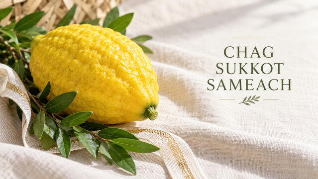 Close etrog beside chag sukkot sameach text, textured citron on folded cloth with leafy sprig for jewish greeting, hospitality event invitation for jewish holiday celebration